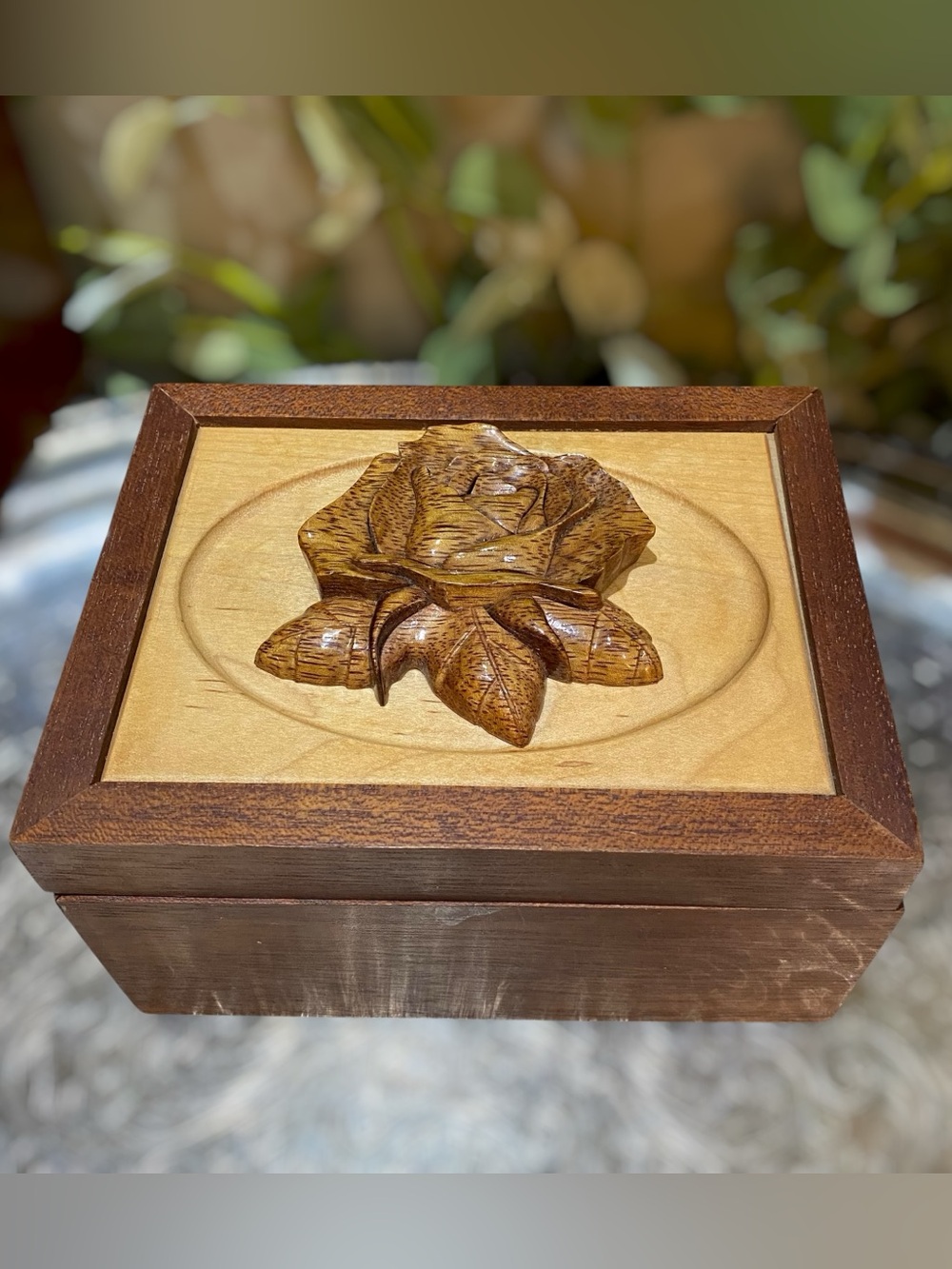 Vintage Wood Carved Rose Trinket Storage Treasure Box Hinged